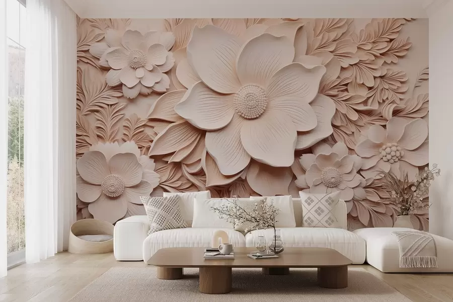 murales de pared Flores y hojas beige con efecto relieve w08933