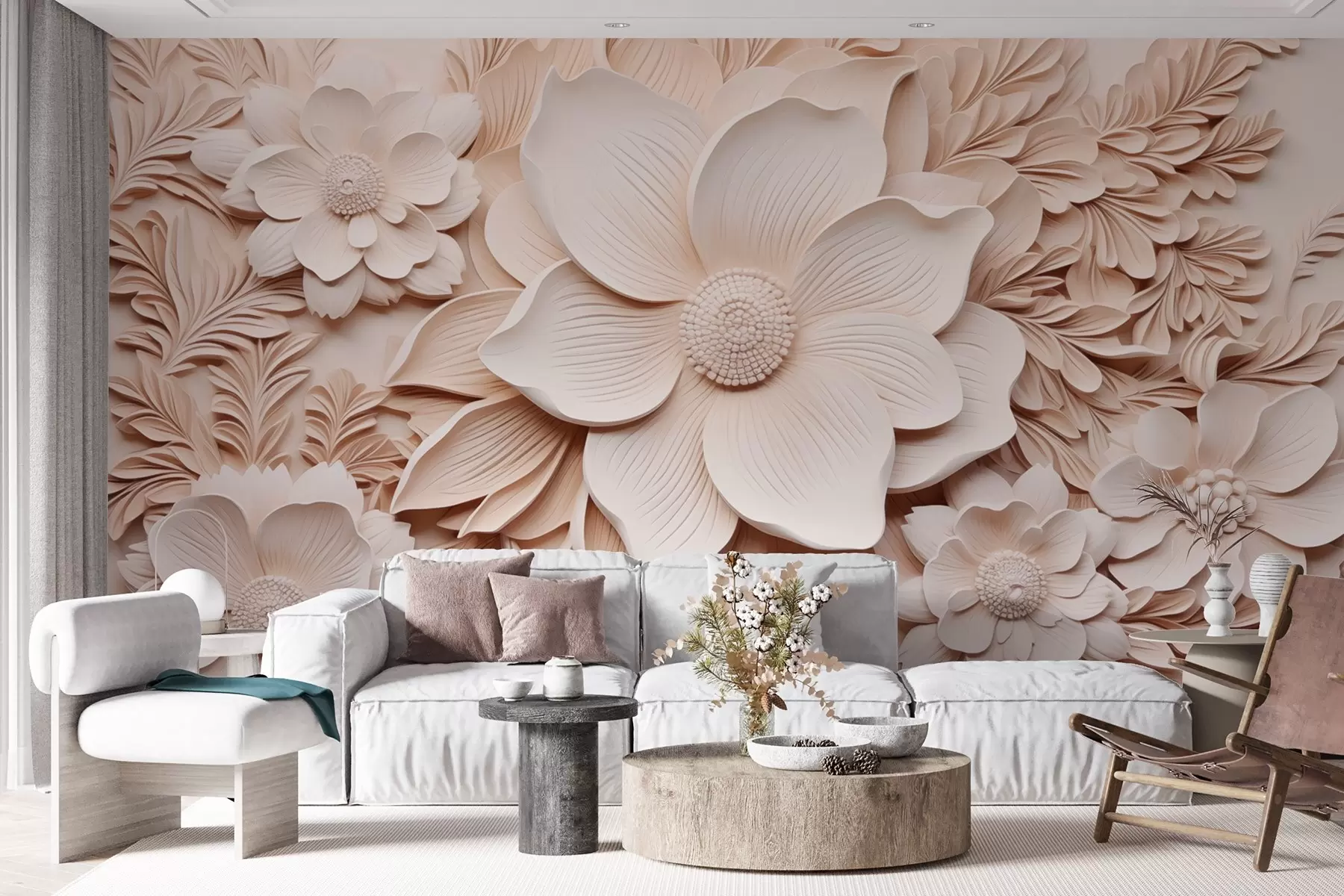 murales de pared Flores y hojas beige con efecto relieve w08933