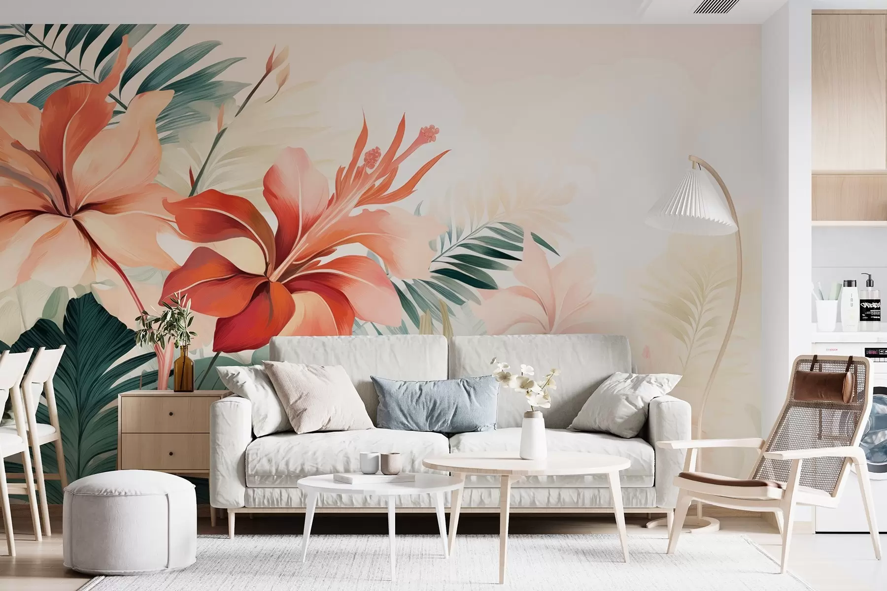 murales de pared Flores tropicales con hojas verdes w08938