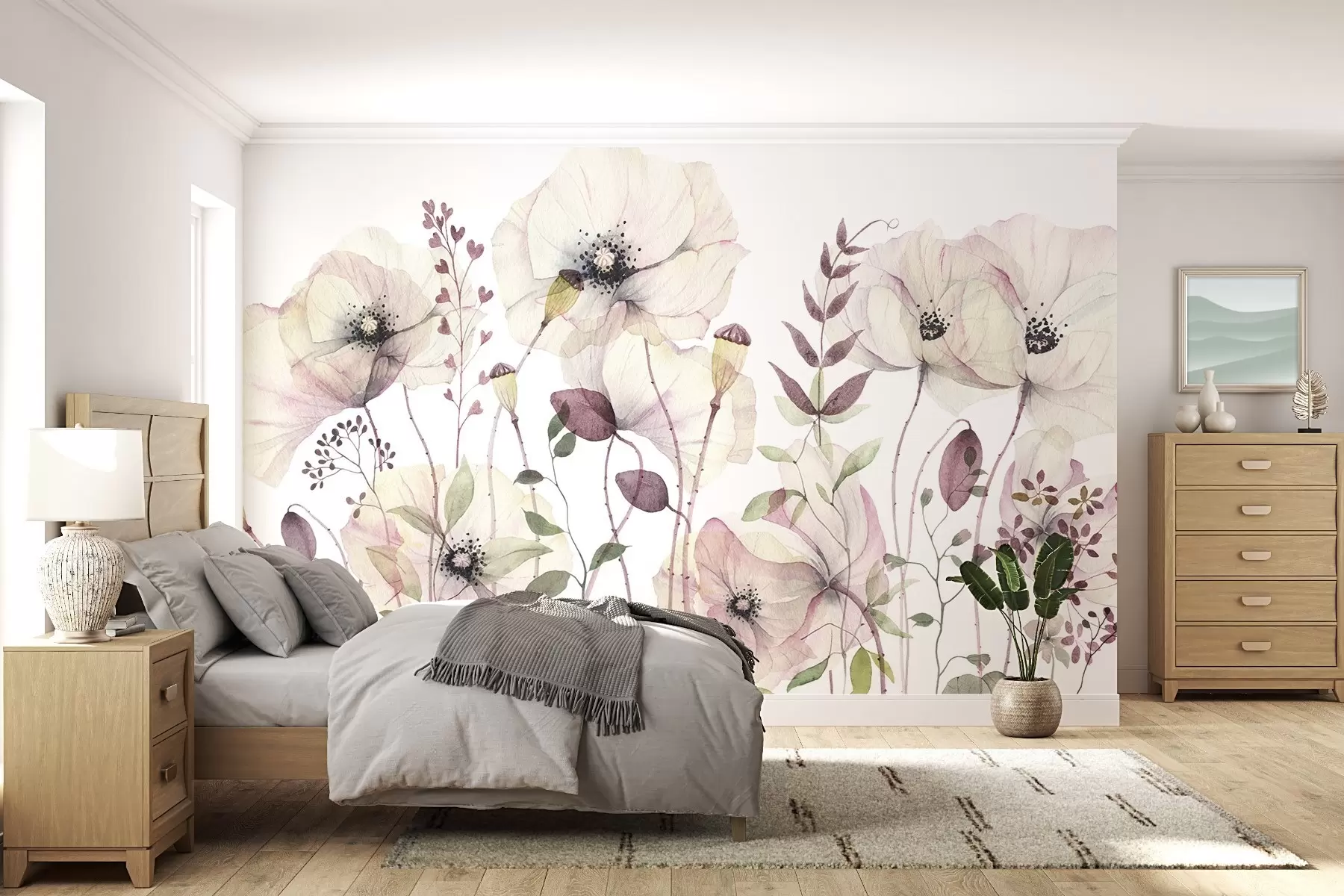murales de pared Flores silvestres de acuarela en suaves tonos naturales w03543