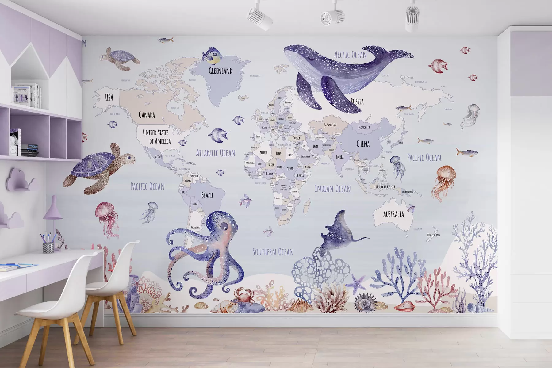murales de pared Mundo submarino con mapamundi w03526v1