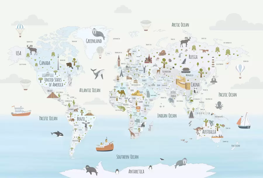 murales de pared Mapamundi con animales y puntos de referencia w03410