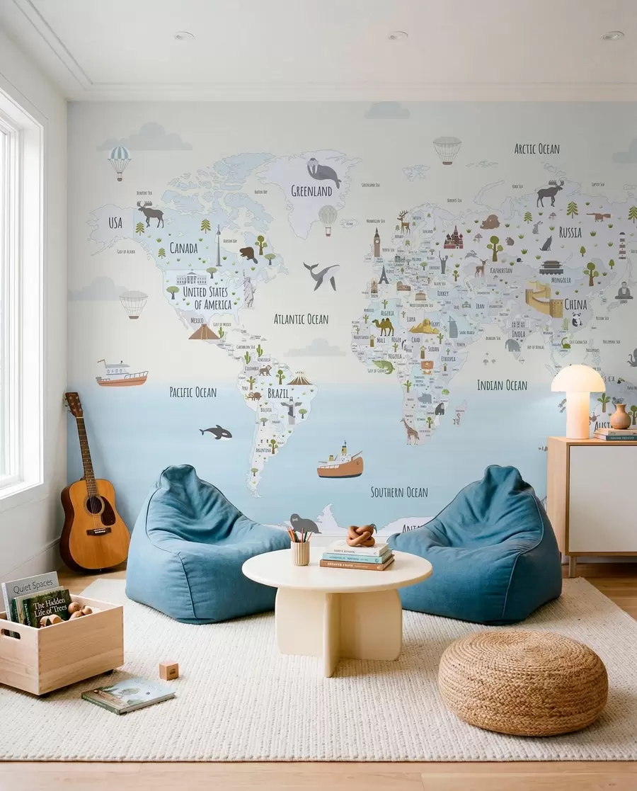 murales de pared Atlas de maravillas en azul w03410