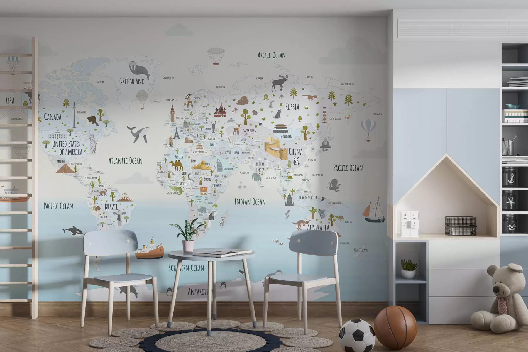 murales de pared Mapamundi con animales y puntos de referencia w03410