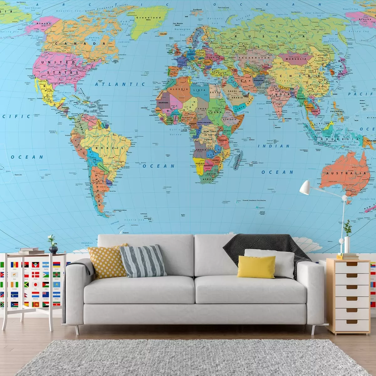 murales de pared Mapa del mundo con banderas de países u60137