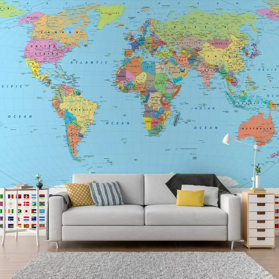 murales de pared Mapa del mundo con banderas de países u60137