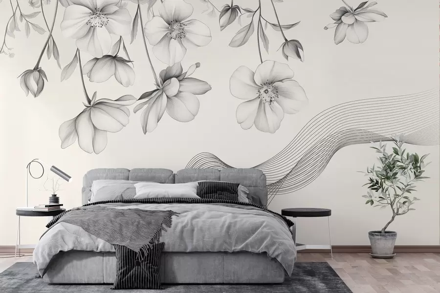 murales de pared flores y líneas gráficas sobre fondo claro w03454