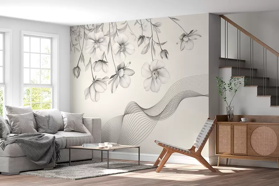 murales de pared flores y líneas gráficas sobre fondo claro w03454