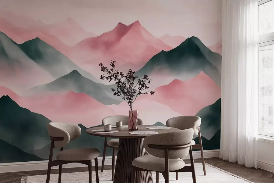murales de pared Paisajes de montaña, estilo acuarela, niebla, rosa y gris w03548v1