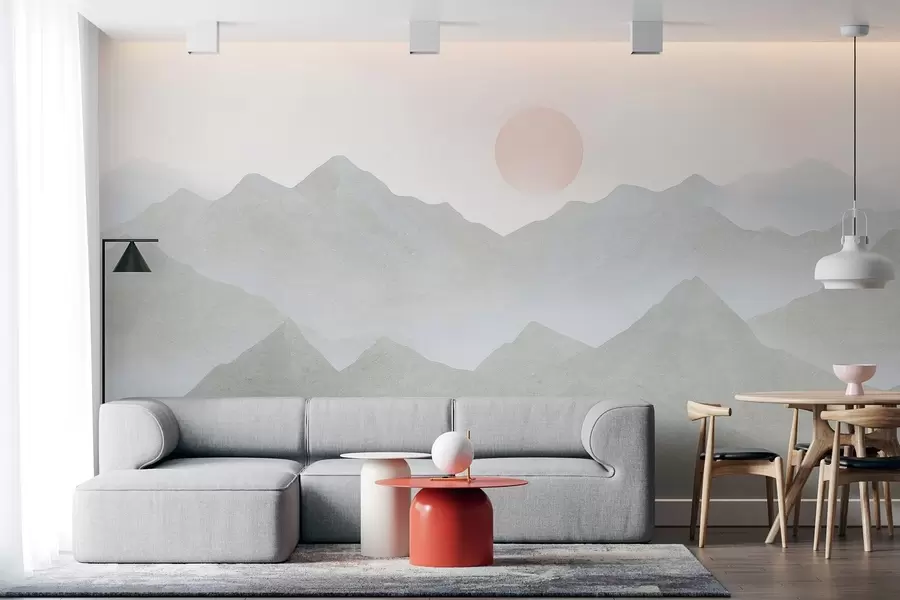 murales de pared Paisaje de montaña estilo boho, puesta de sol, pastel suave, gris w03547v1