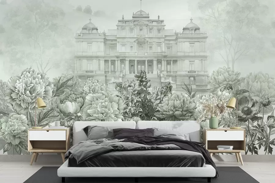 murales de pared Palacio real con jardín de peonías, estilo acuarela, naturaleza, colores verdes, boho w03552v2