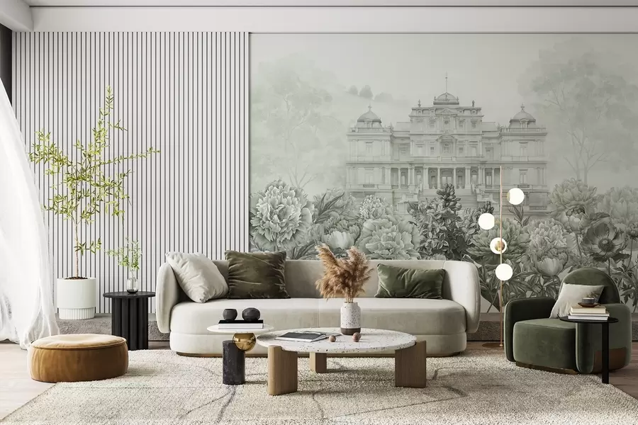 murales de pared Palacio real con jardín de peonías, estilo acuarela, naturaleza, colores verdes, boho w03552v2