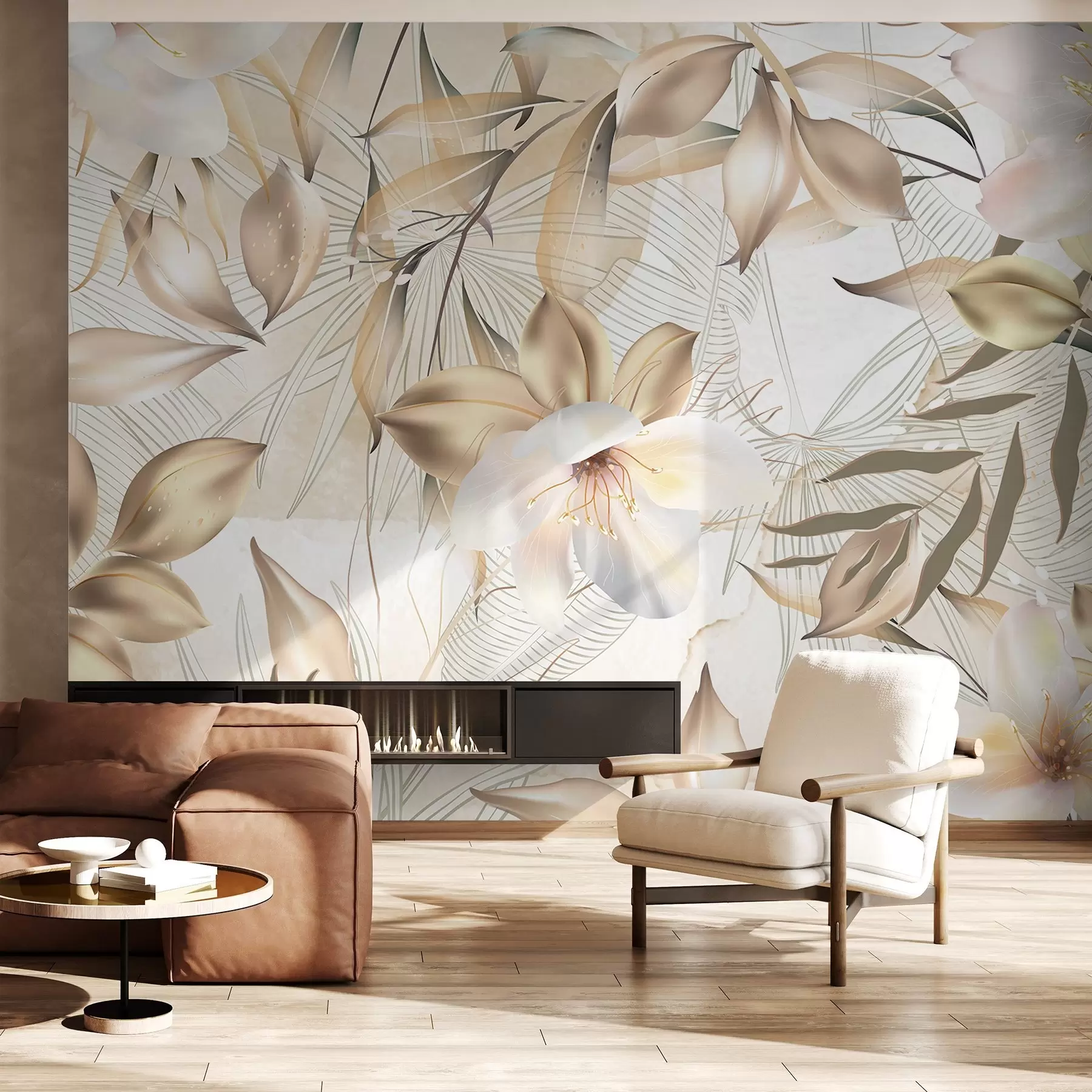 murales de pared Flores y hojas de jazmín, colores suaves, ilustración botánica, fondo floral , diseño elegante, pétalos delicados w08977