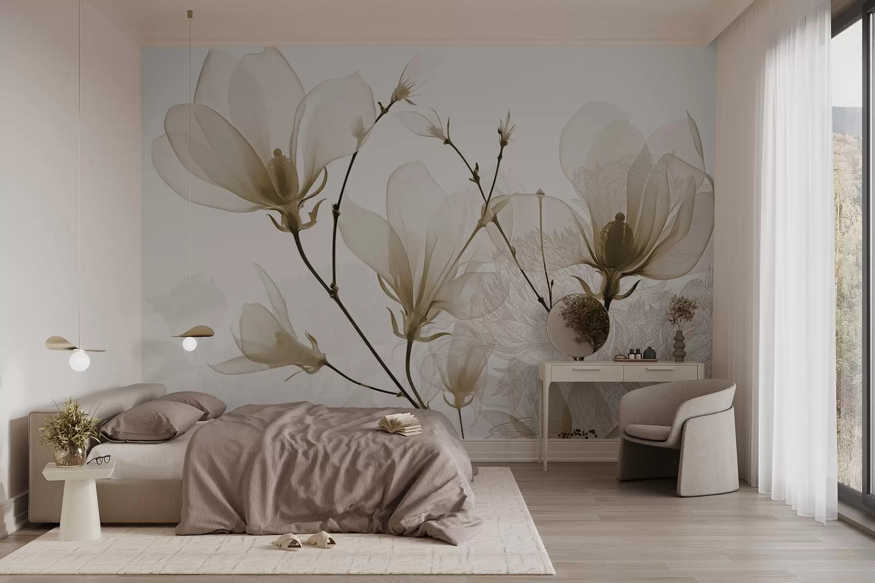 murales de pared Flores de magnolia de color beige translúcido con siluetas de flores de delicados pétalos y tallos oscuros w08978v1