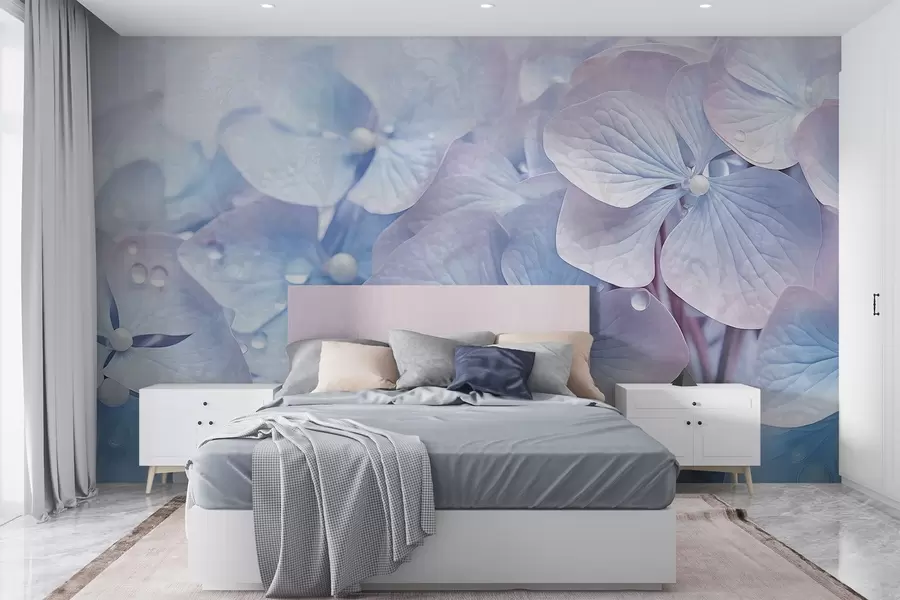 murales de pared Flores de hortensia azul y rosa con textura vintage y gotas de agua en los pétalos, fondo rosa difuminado w08981