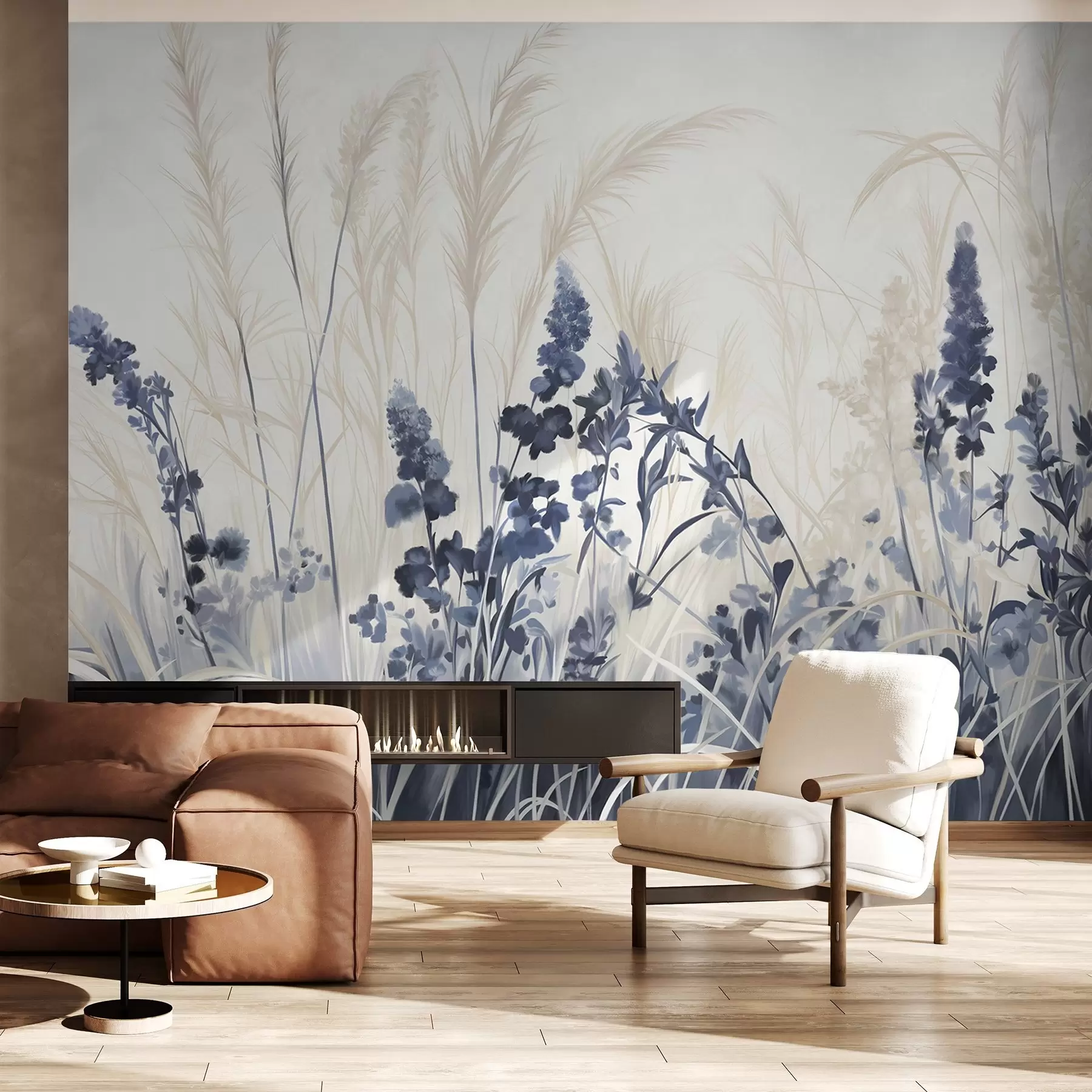murales de pared Flores azules y juncos beige en un campo, textura de pintura minimalista, fondo claro, colores suaves, pinceladas delicadas w08982