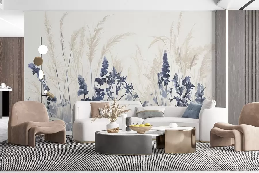 murales de pared Flores azules y juncos beige en un campo, textura de pintura minimalista, fondo claro, colores suaves, pinceladas delicadas w08982