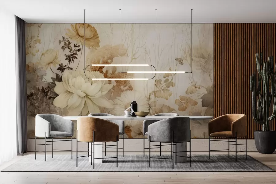 murales de pared Flores vintage en una vieja pared agrietada w03654