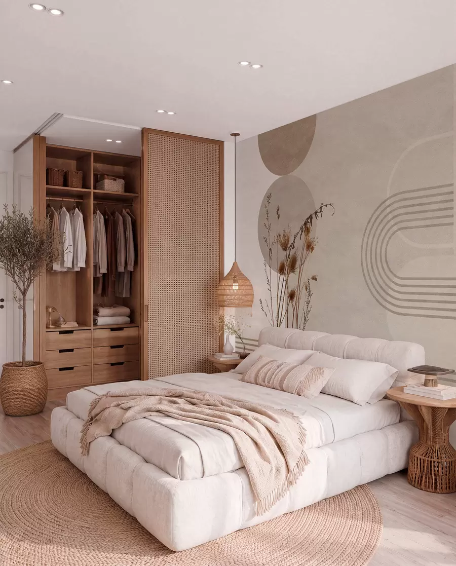 murales de pared geometría elegante y flores secas en tonos beige w03449