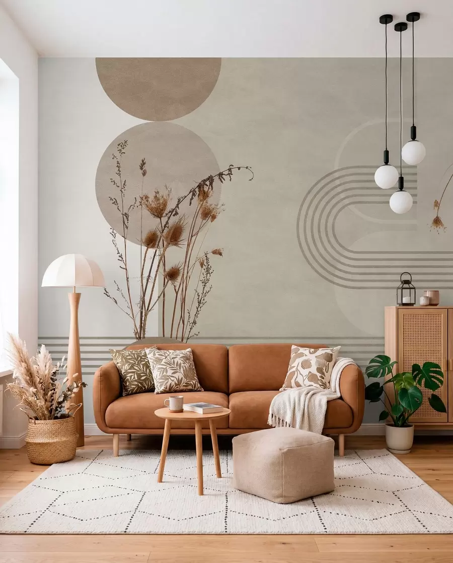 murales de pared geometría elegante y flores secas en tonos beige w03449
