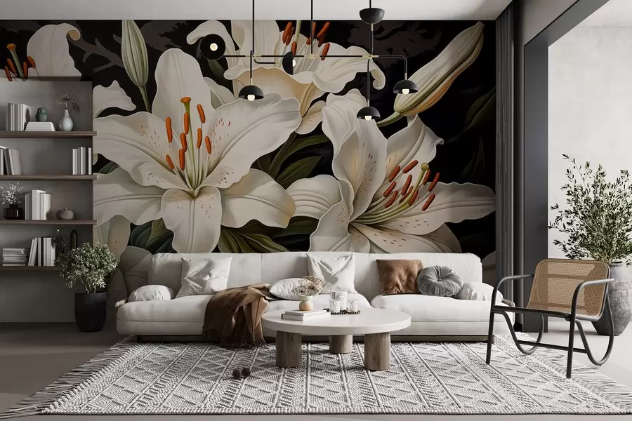 murales de pared Elegantes flores blancas grandes sobre fondo oscuro w08983