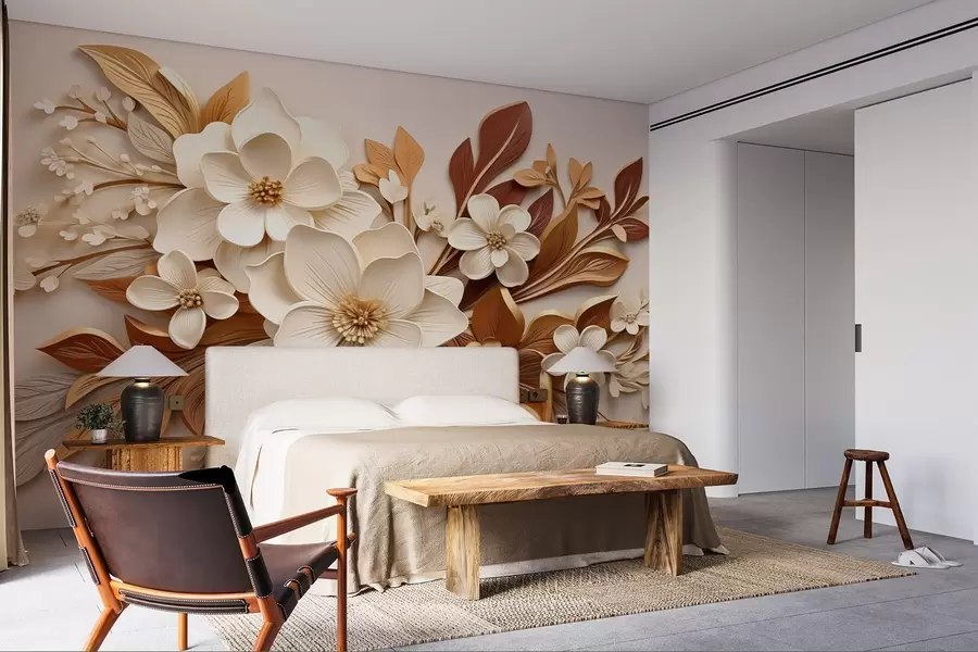 murales de pared flores 3D con hojas en estilo origami en tonos beige w08984