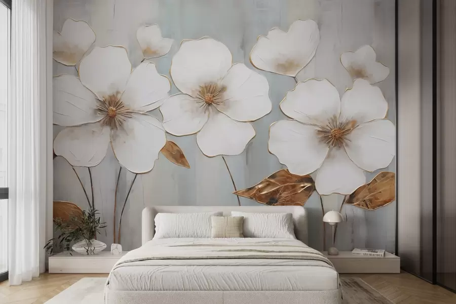 murales de pared Grandes flores blancas con hojas amarillas sobre fondo gris w08999