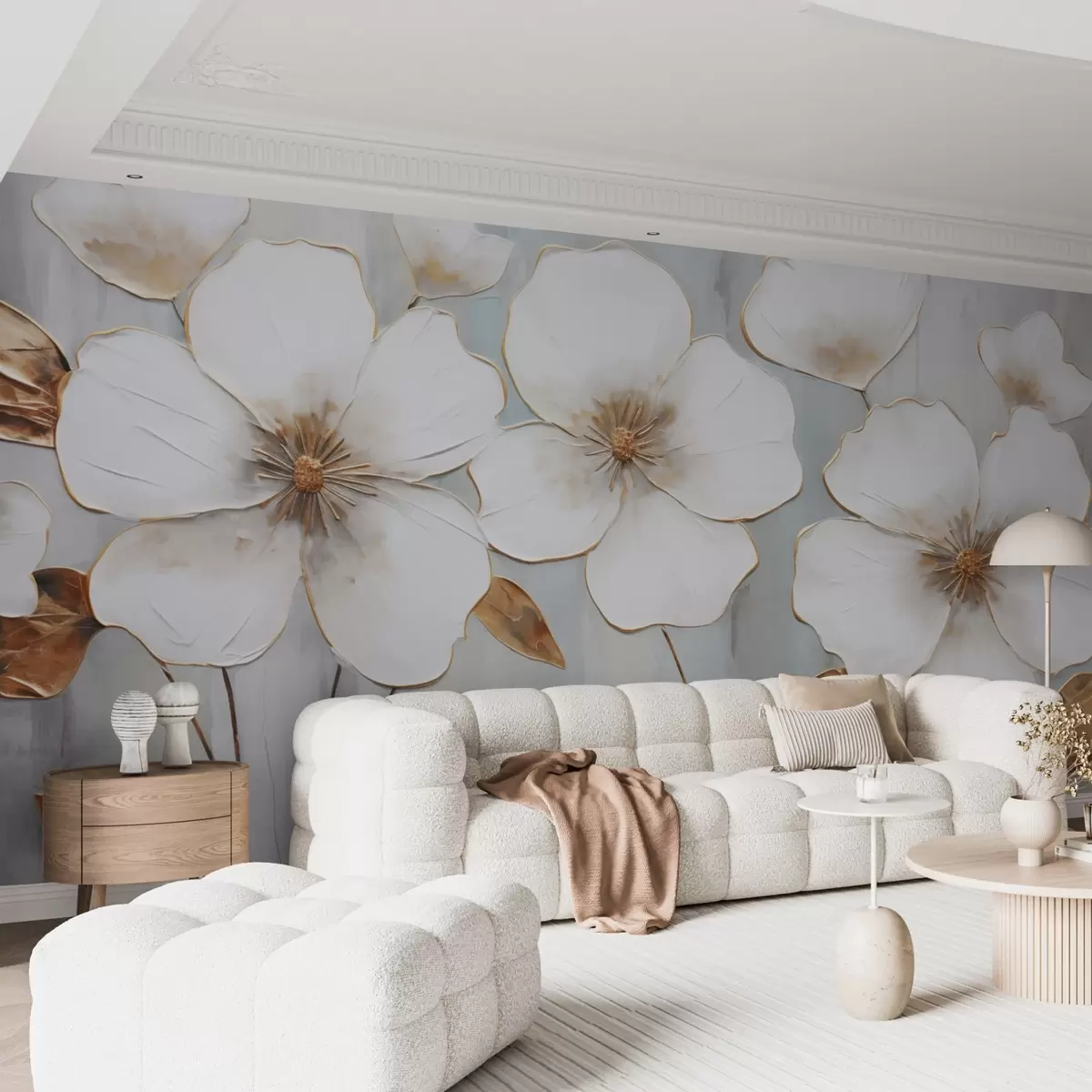 murales de pared Grandes flores blancas con hojas amarillas sobre fondo gris w08999