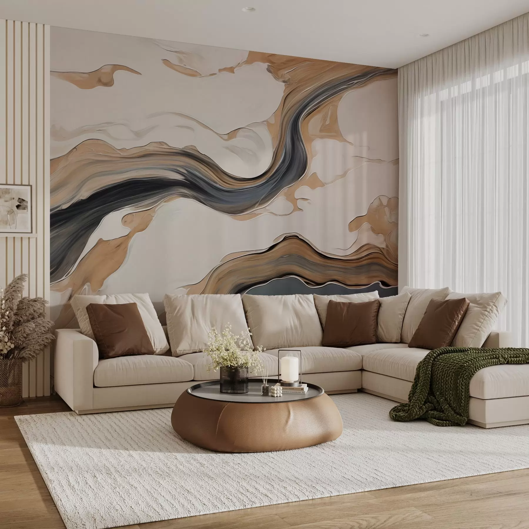 murales de pared Rayas marrón-gris en forma de ondas w09001