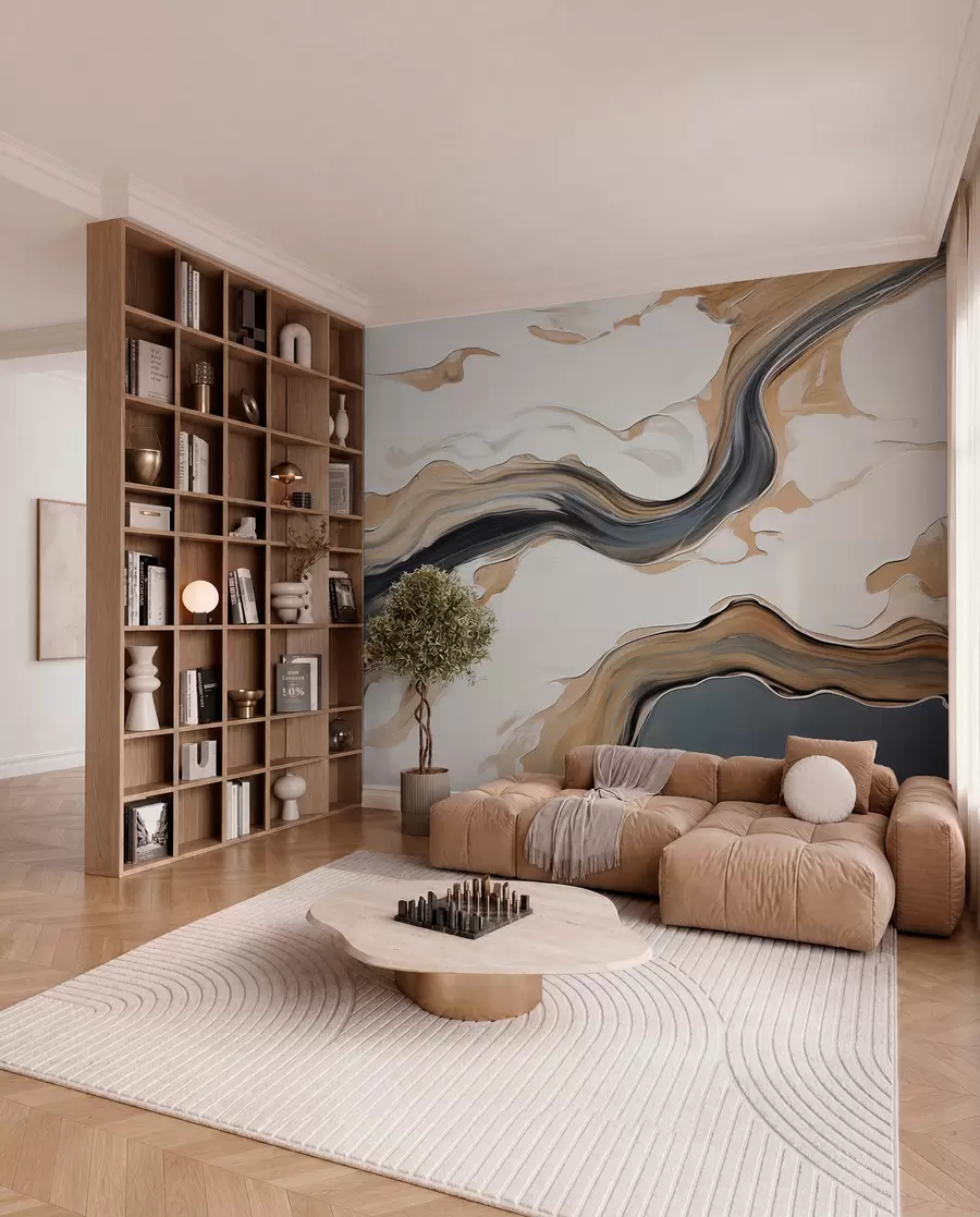 murales de pared Rayas marrón-gris en forma de ondas w09001