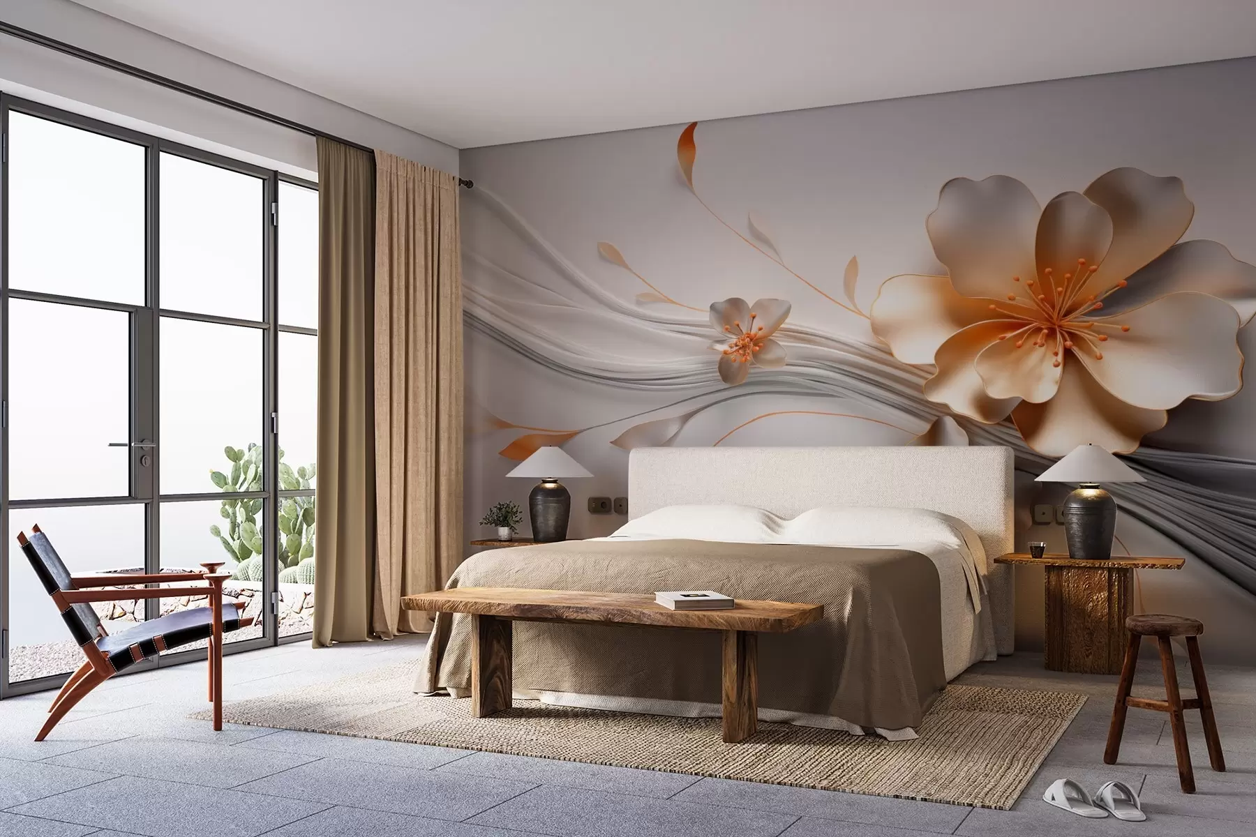 murales de pared Una flor naranja sobre un fondo abstracto gris w09004