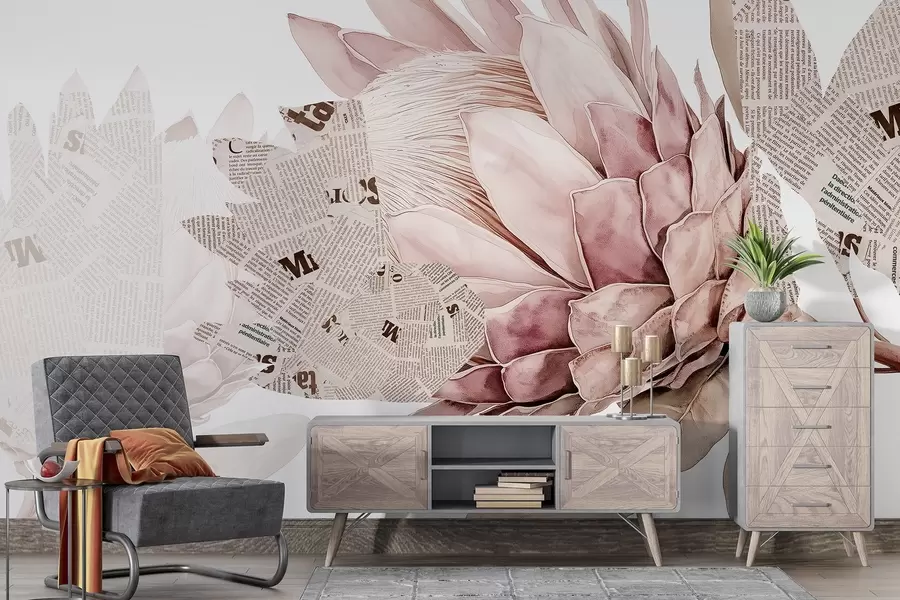 murales de pared Flores de protea, arte periodístico, floral, tropical, colores beige pastel w03667v4