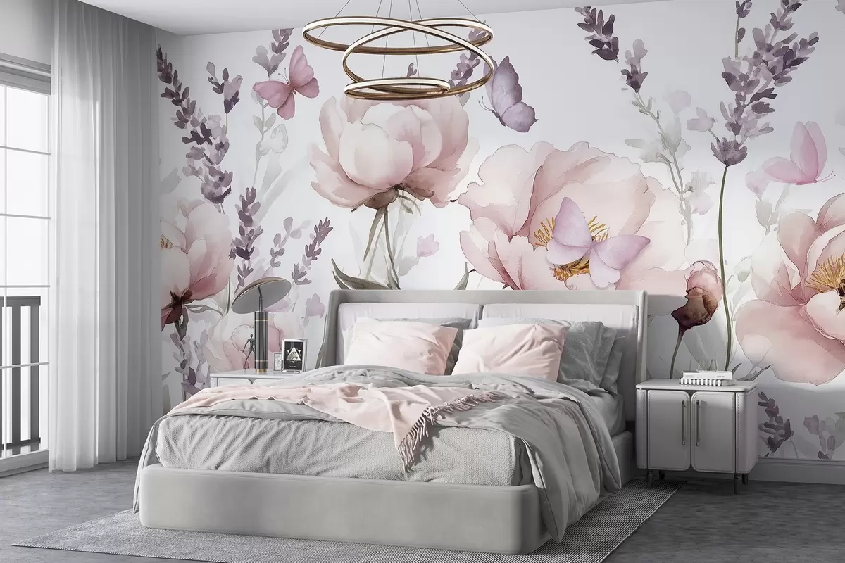 murales de pared Pradera de flores, peonías, lavanda, mariposas, estilo acuarela, colores rosados w03668