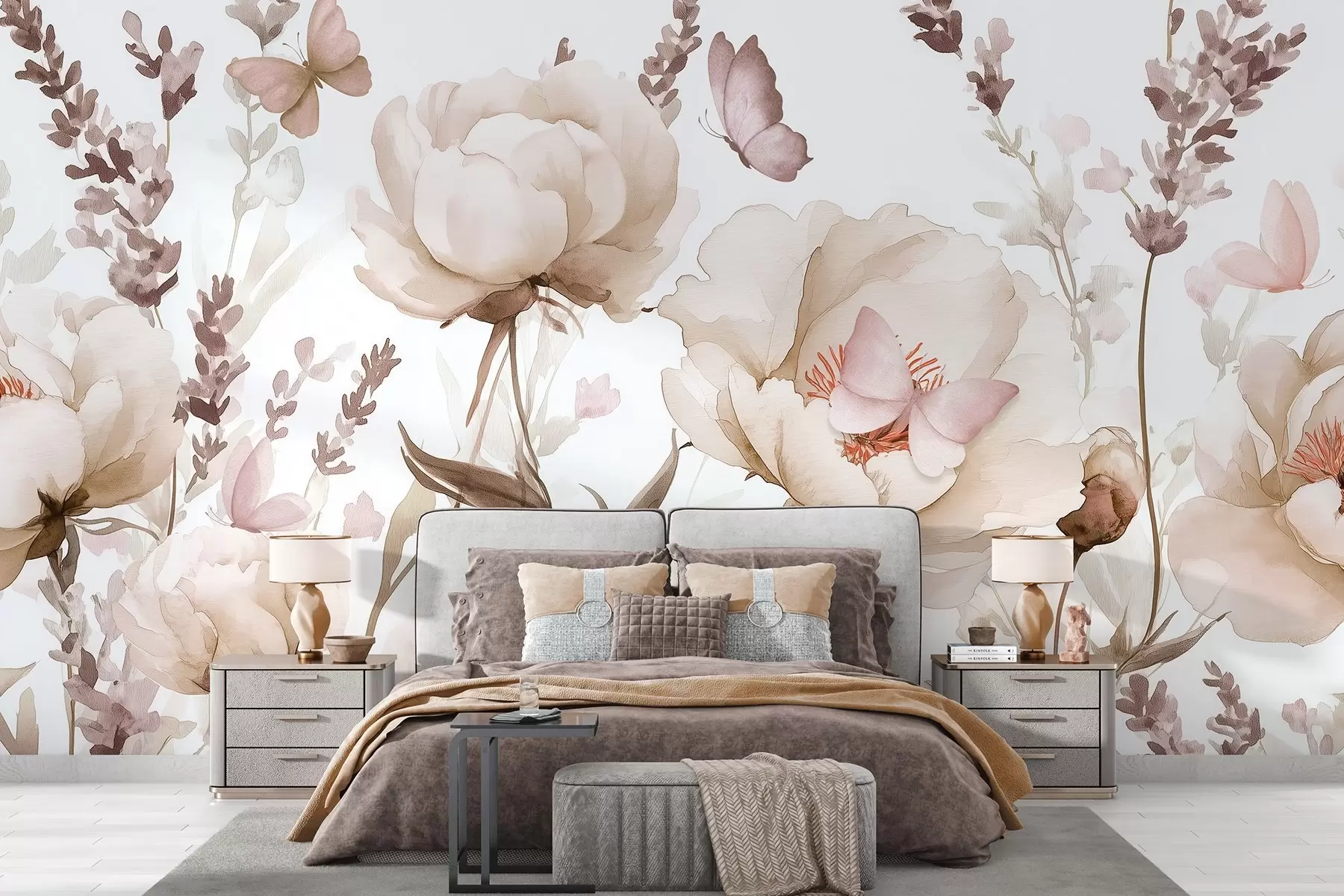 murales de pared Pradera de flores, peonías, lavanda, mariposas, estilo acuarela, colores beige w03668v2