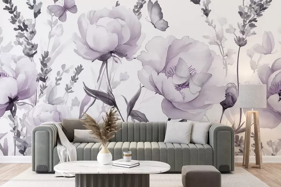 murales de pared Pradera de flores, peonías, lavanda, mariposas, estilo acuarela, colores de pupas w03668v3