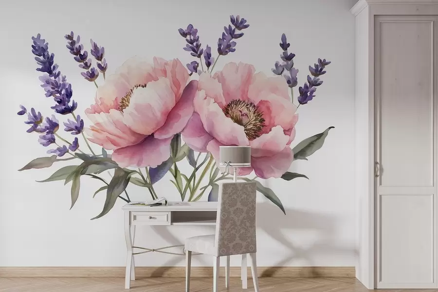 murales de pared Peonías estilo acuarela, lavanda, flores, colores naturales w03671