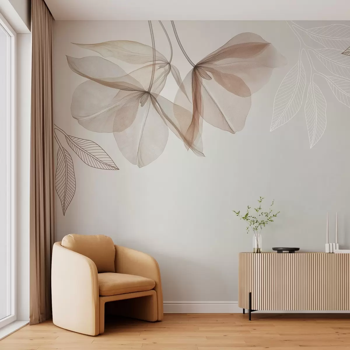 murales de pared delicadas flores y hojas translúcidas en tonos moca w03616v3