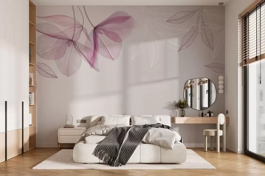 murales de pared delicadas flores y hojas translúcidas en tonos morados w03616v4