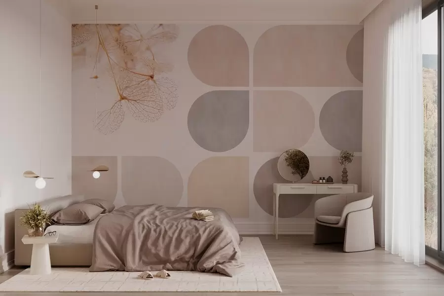 murales de pared geometría y flores secas con vetas en tonos beige w03617