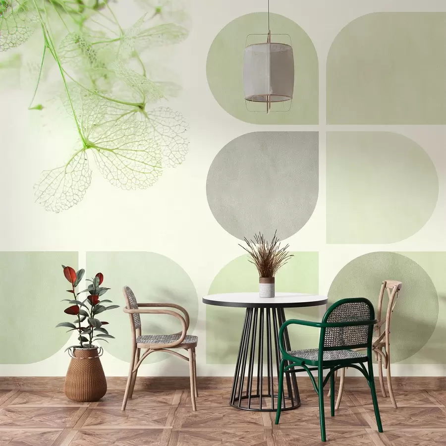 murales de pared geometría y flores secas con venas en tonos verdes w03617v1