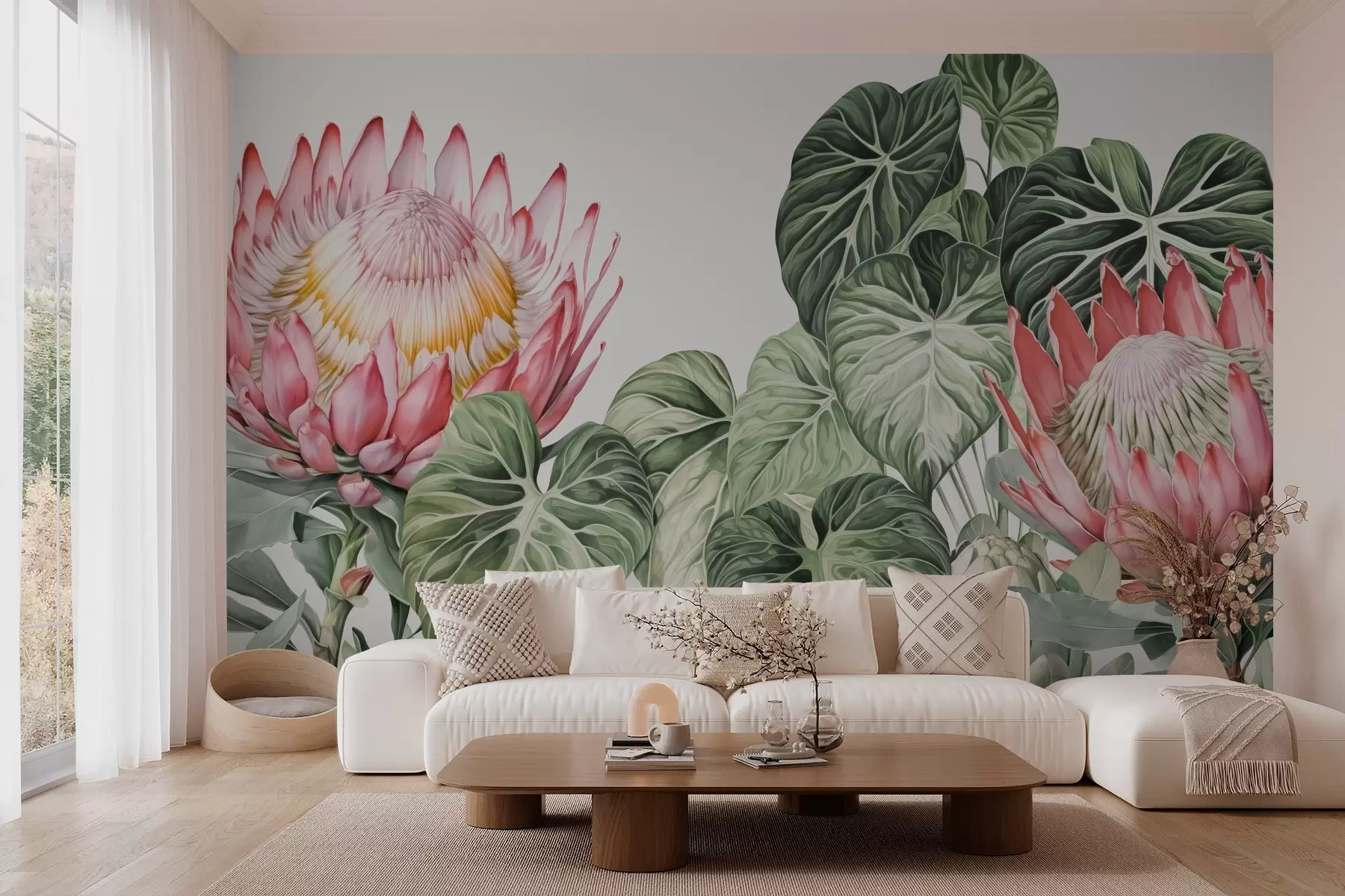murales de pared Protea en hojas tropicales w03678
