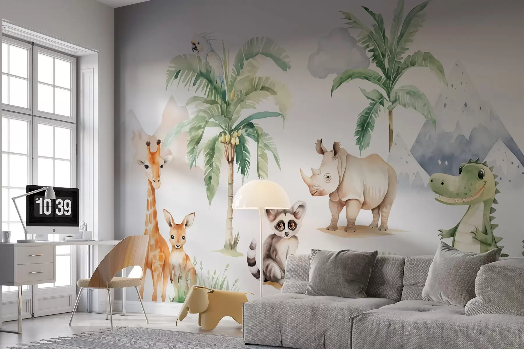 murales de pared Animales tropicales cerca de palmeras imitación de acuarela w03740