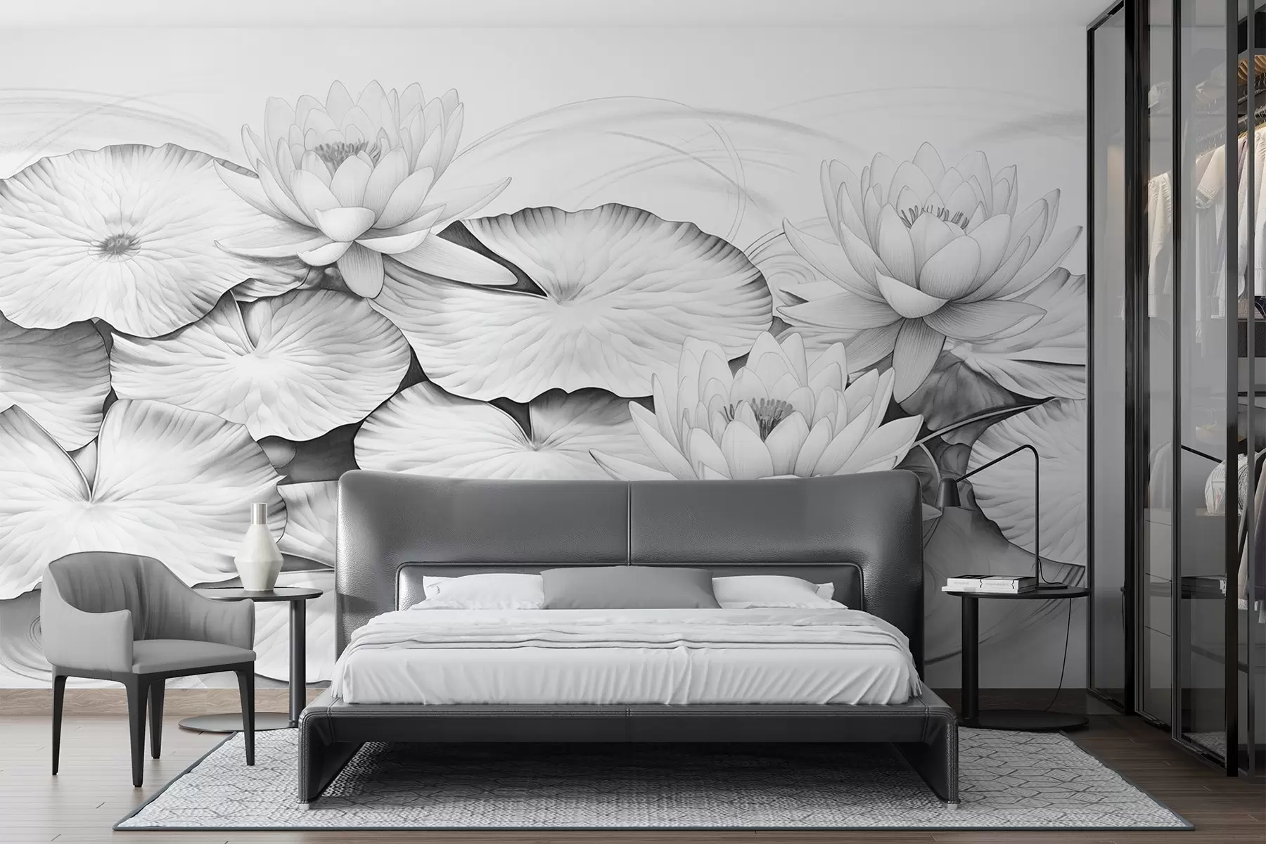 murales de pared Nenúfares y nenúfares en un estanque, imitación en blanco y negro de dibujo a lápiz, ilustración botánica detallada, arte de la naturaleza w09006