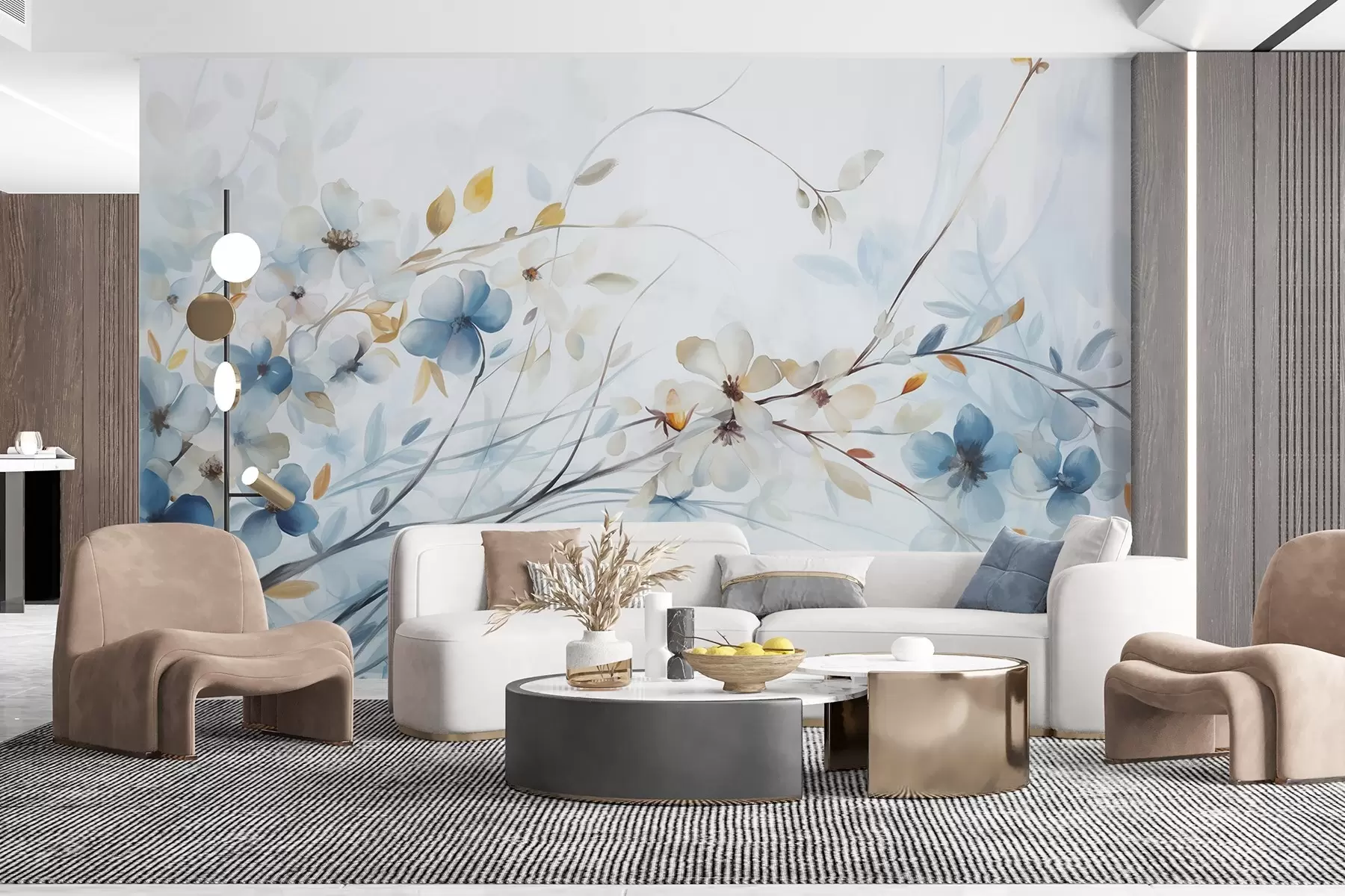 murales de pared Arreglo floral con hojas azules y naranjas y flores blancas, pétalos delicados, ramas finas, colores suaves, efecto acuarela w09009