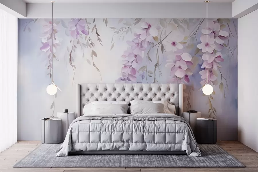 murales de pared Flores de glicinia con pétalos lilas y hojas verdes colgando de las ramas, suaves colores pastel, fondo color pastel w09010