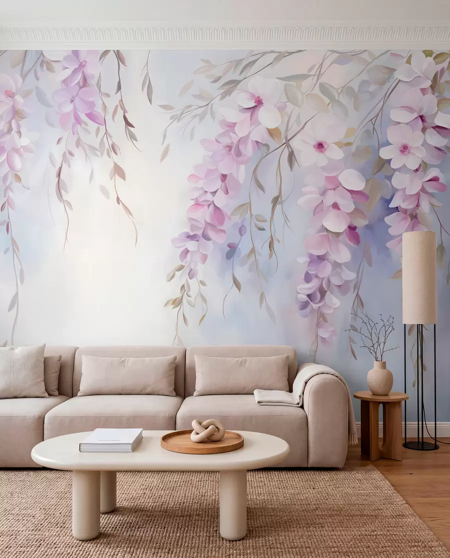 murales de pared Flores de glicinia con pétalos lilas y hojas verdes colgando de las ramas, suaves colores pastel, fondo color pastel w09010