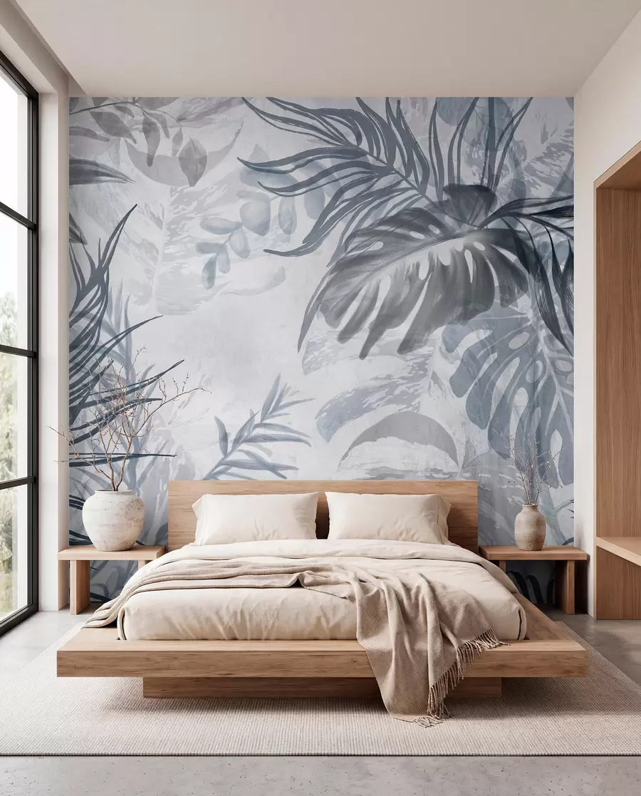 murales de pared Monstera y hojas de palma en tonos de azul y gris, botánico, follaje tropical, plantas de la selva, fondo texturizado w09011v1