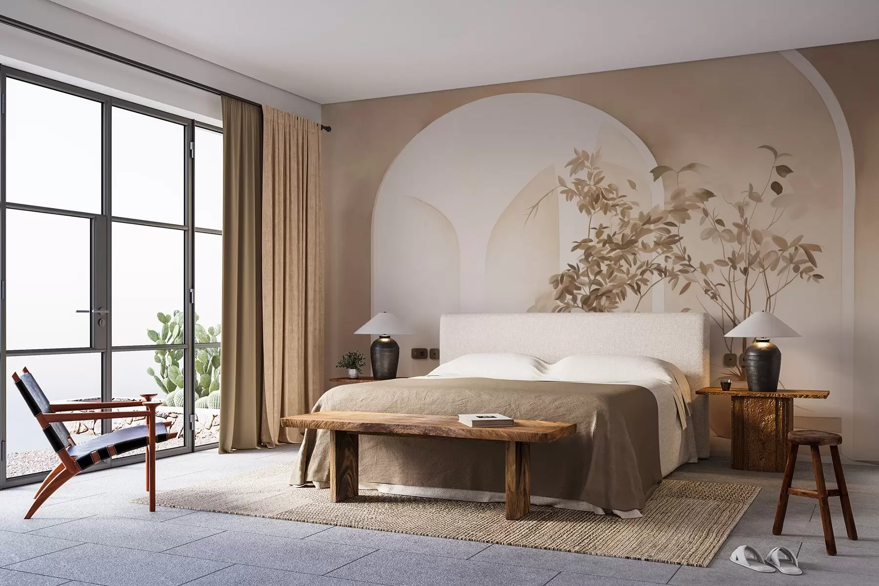 murales de pared Plantas en macetas con tonos beige delante de arcos abstractos, estilo minimalista, elegante y limpio, fondo neutro w09013