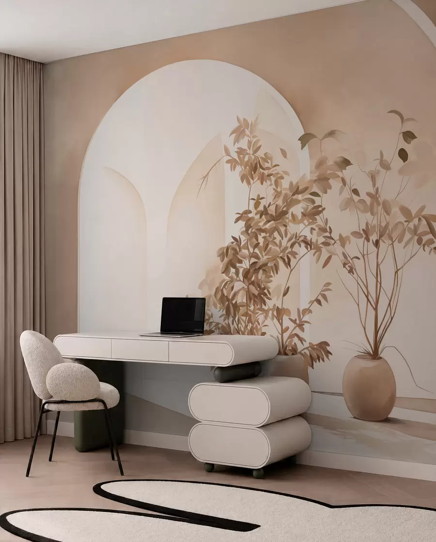 murales de pared Plantas en macetas con tonos beige delante de arcos abstractos, estilo minimalista, elegante y limpio, fondo neutro w09013