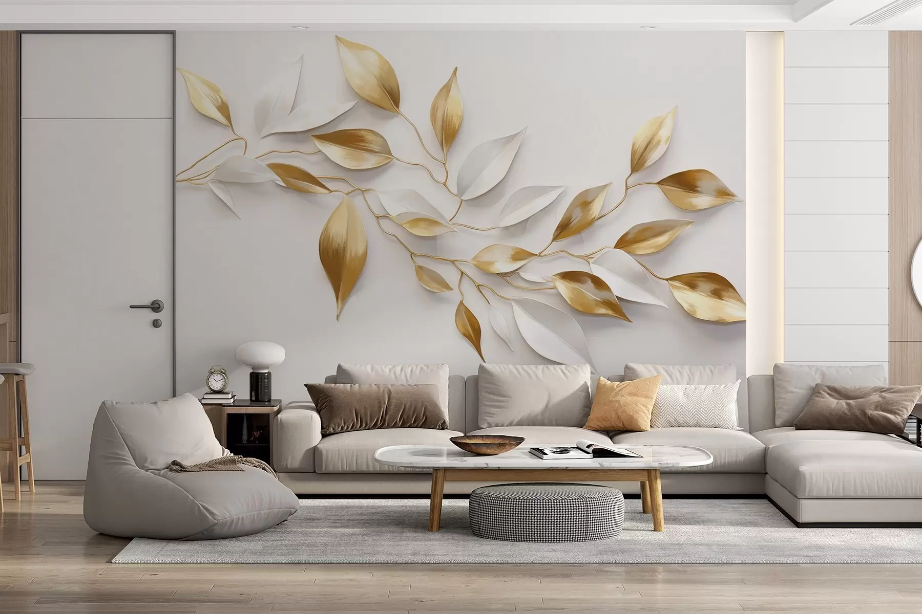 murales de pared Hojas amarillas y blancas sobre una rama , diseño elegante, fondo blanco, estilo minimalista, arte decorativo , inspirado en la naturaleza w09015